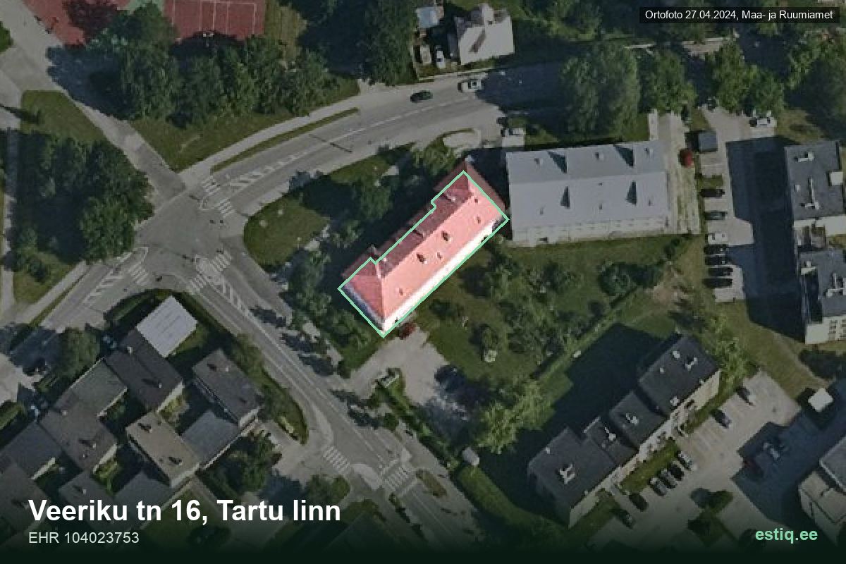 Veeriku tänav 16, Tartu – аэрофото дома, контур по данным регистра строений (EHR)