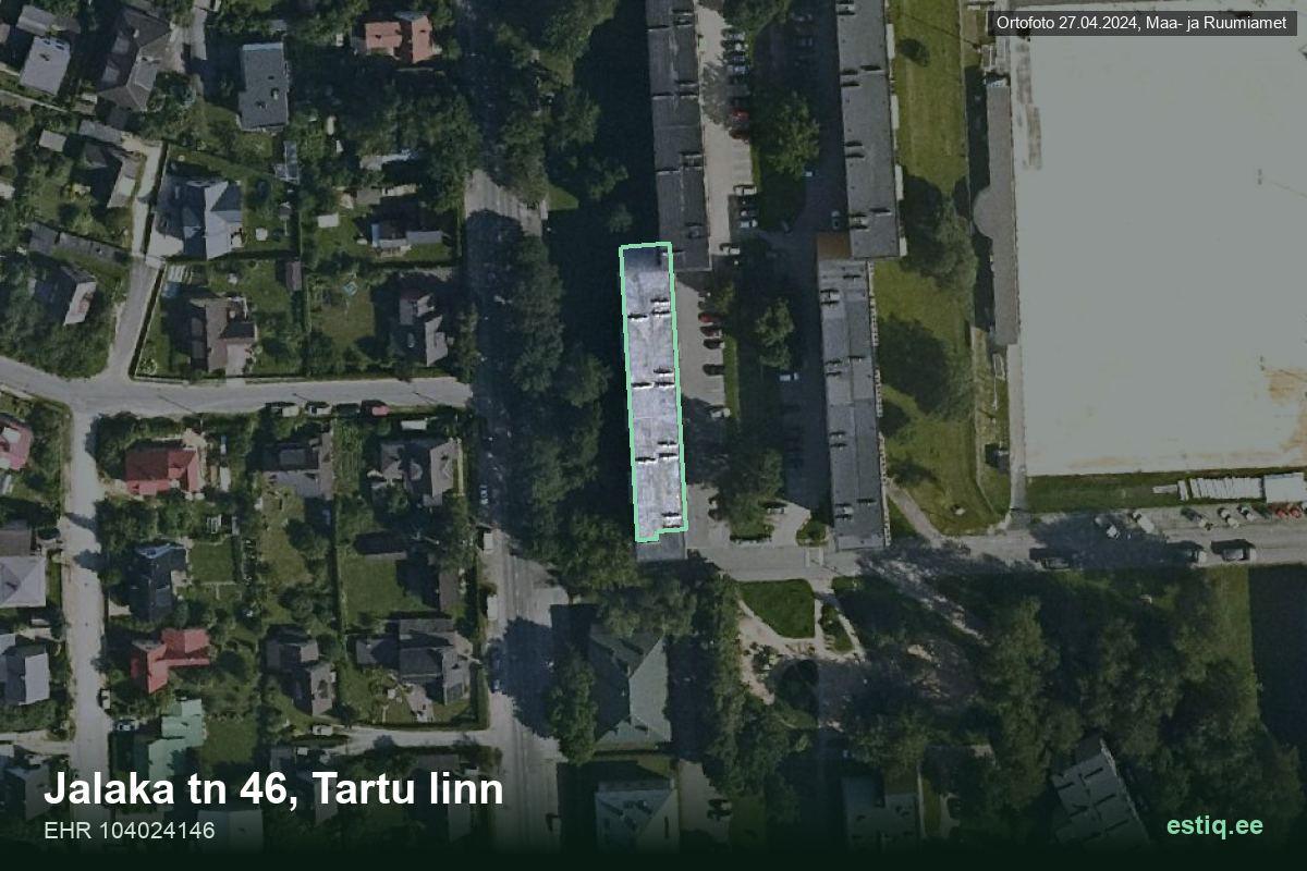 Jalaka tänav 46, Tartu – hoone aerofoto, kontuur ehitisregistri (EHR) andmetest