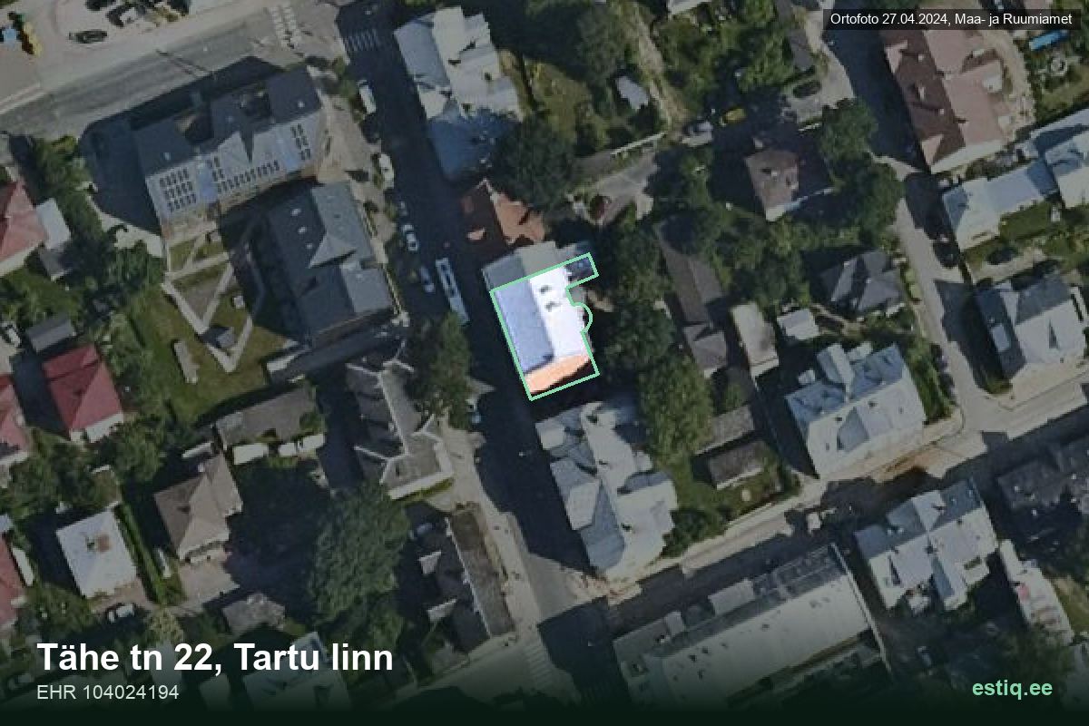 Tähe tänav 22, Tartu – hoone aerofoto, kontuur ehitisregistri (EHR) andmetest