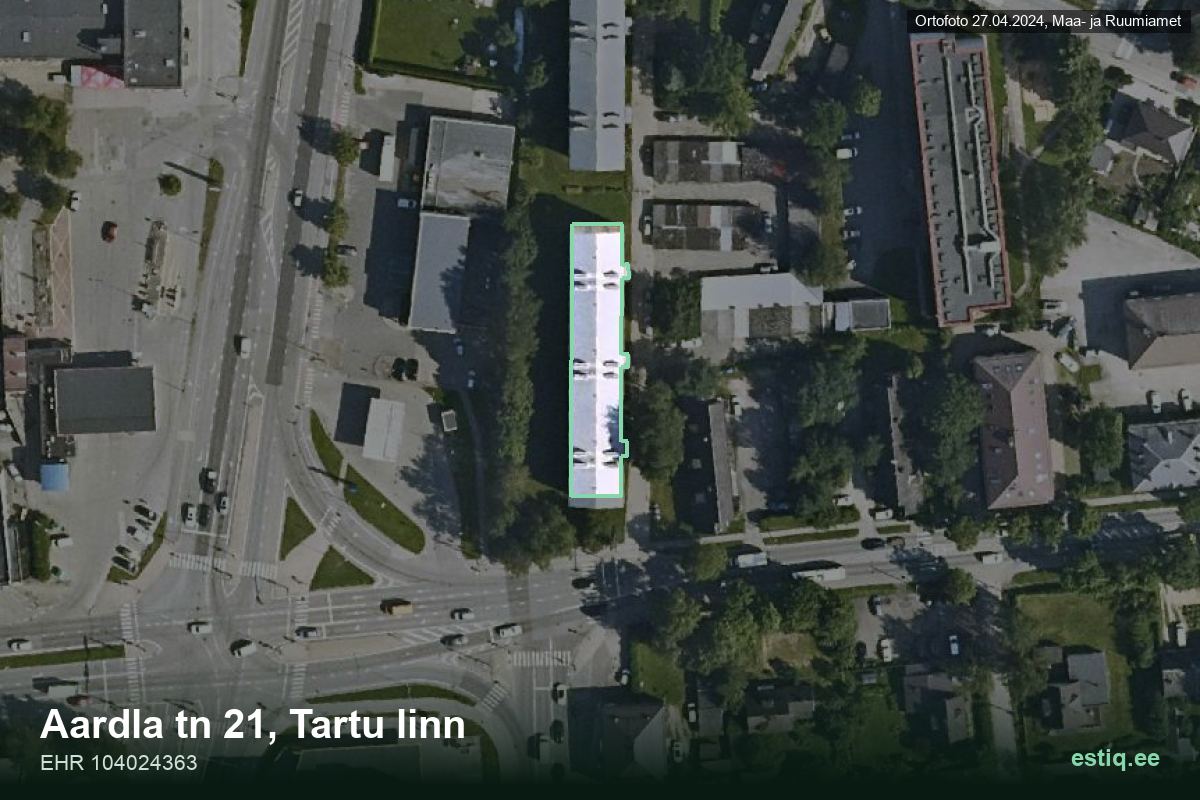 Aardla tänav 21, Tartu – hoone aerofoto, kontuur ehitisregistri (EHR) andmetest