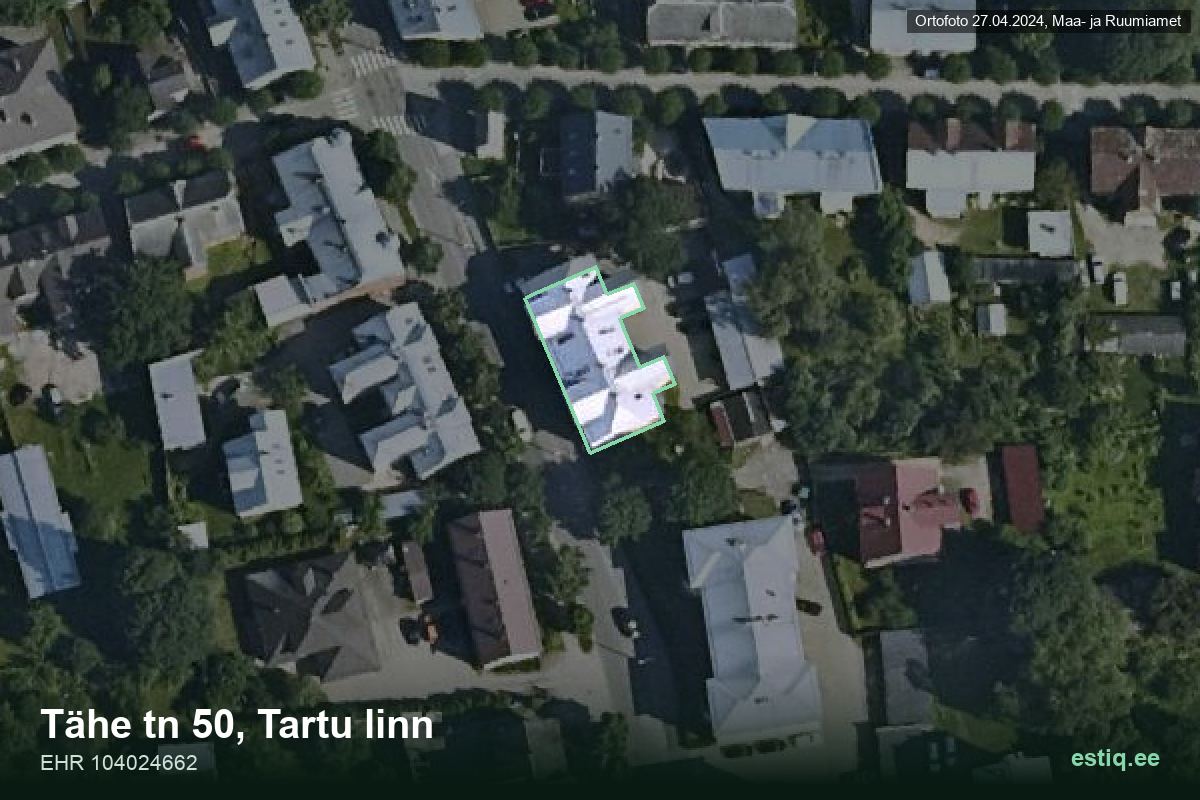 Tähe tänav 50, Tartu – hoone aerofoto, kontuur ehitisregistri (EHR) andmetest