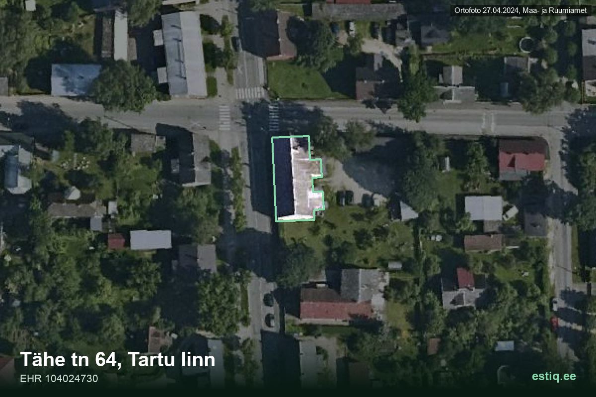 Tähe tänav 64, Tartu – hoone aerofoto, kontuur ehitisregistri (EHR) andmetest