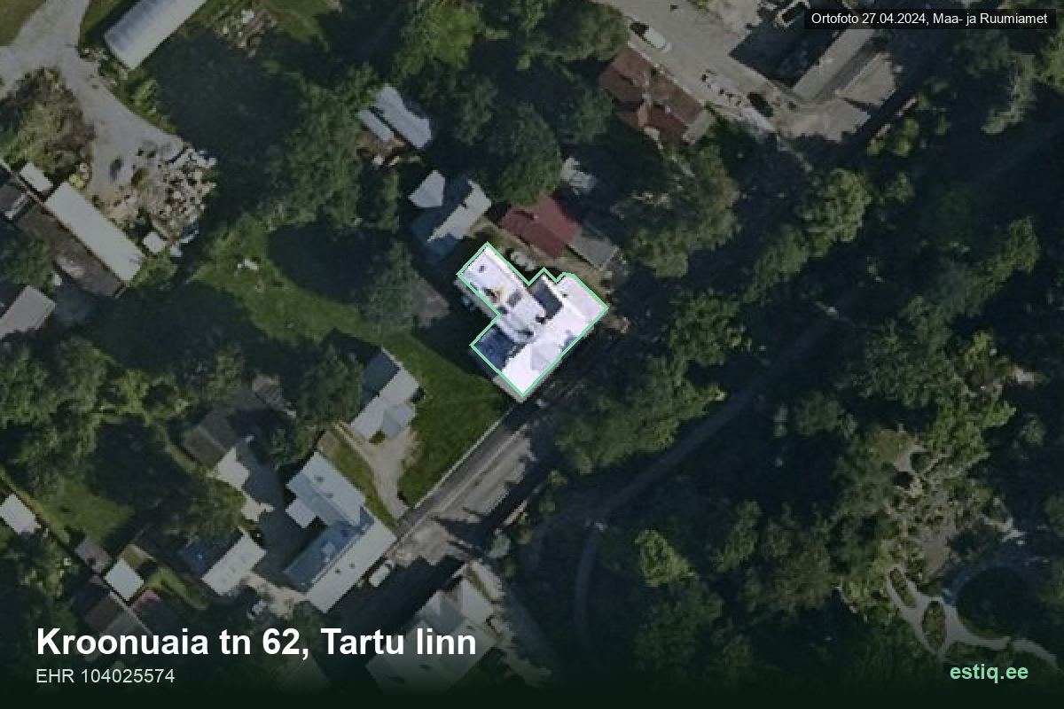 Kroonuaia tänav 62, Tartu – ilmakuva rakennuksesta, ääriviiva rakennusrekisteristä (EHR)
