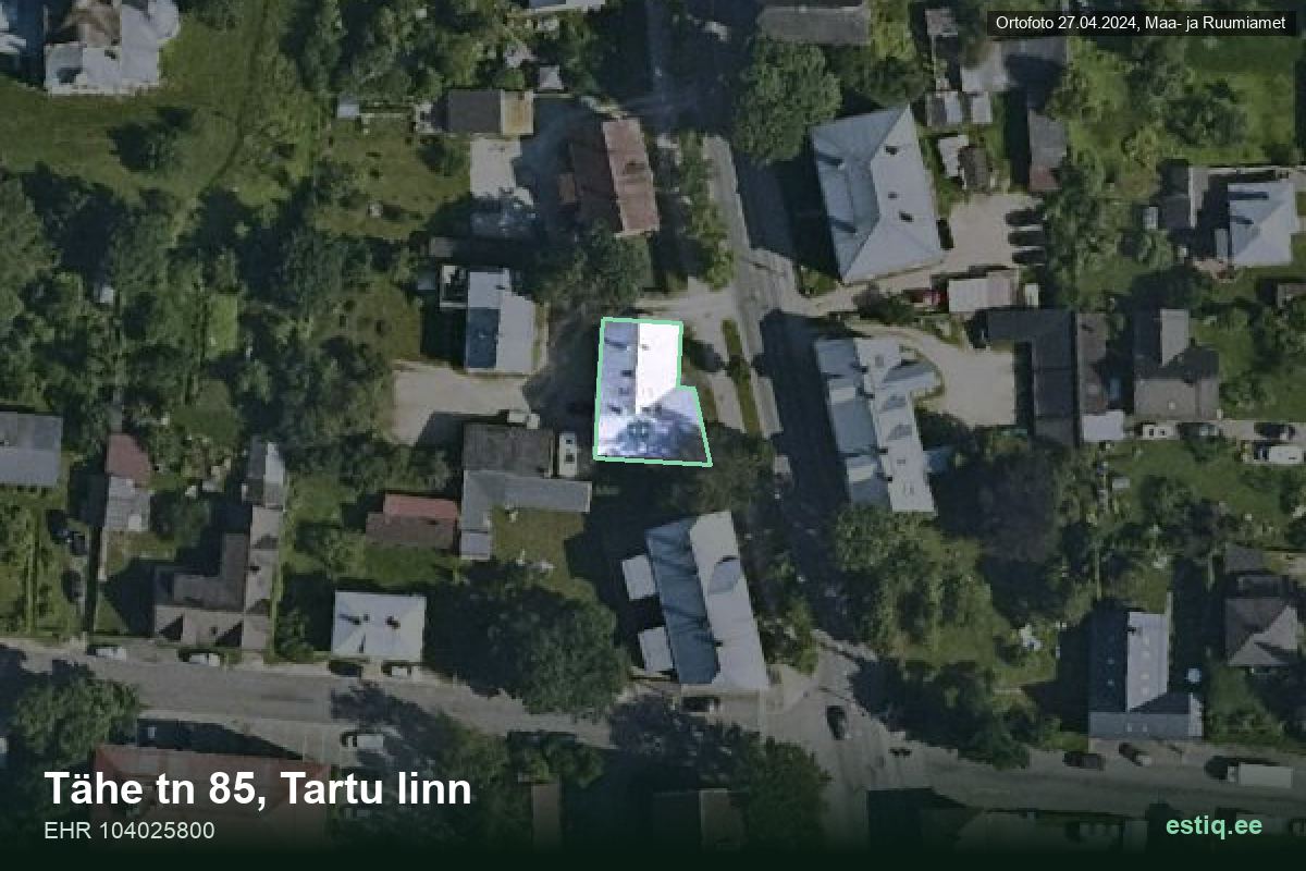Tähe tänav 85, Tartu – hoone aerofoto, kontuur ehitisregistri (EHR) andmetest