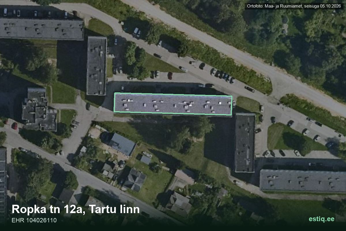 Ropka tänav 12a, Tartu – ilmakuva rakennuksesta, ääriviiva rakennusrekisteristä (EHR)