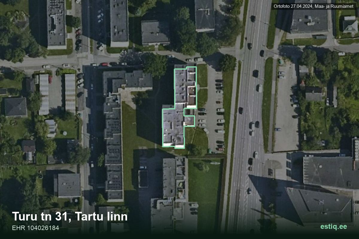 Turu tänav 31, Tartu – hoone aerofoto, kontuur ehitisregistri (EHR) andmetest