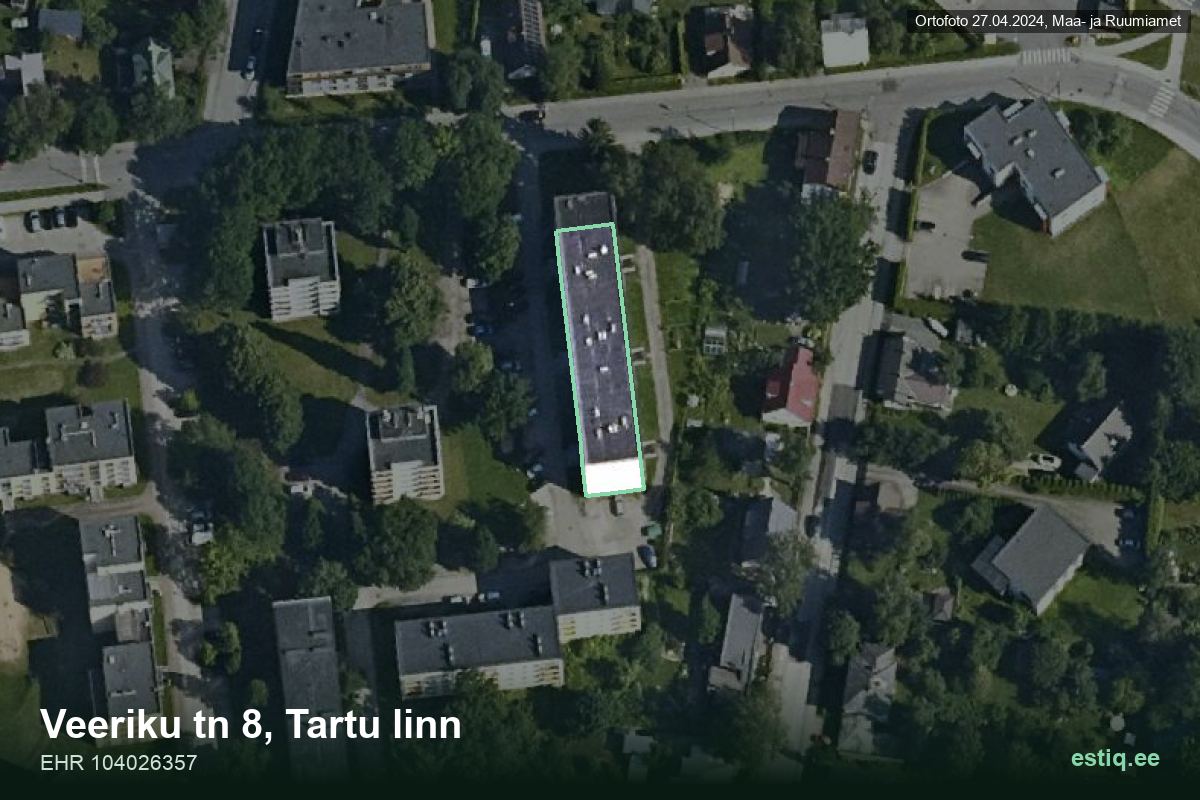 Veeriku tänav 8, Tartu – hoone aerofoto, kontuur ehitisregistri (EHR) andmetest