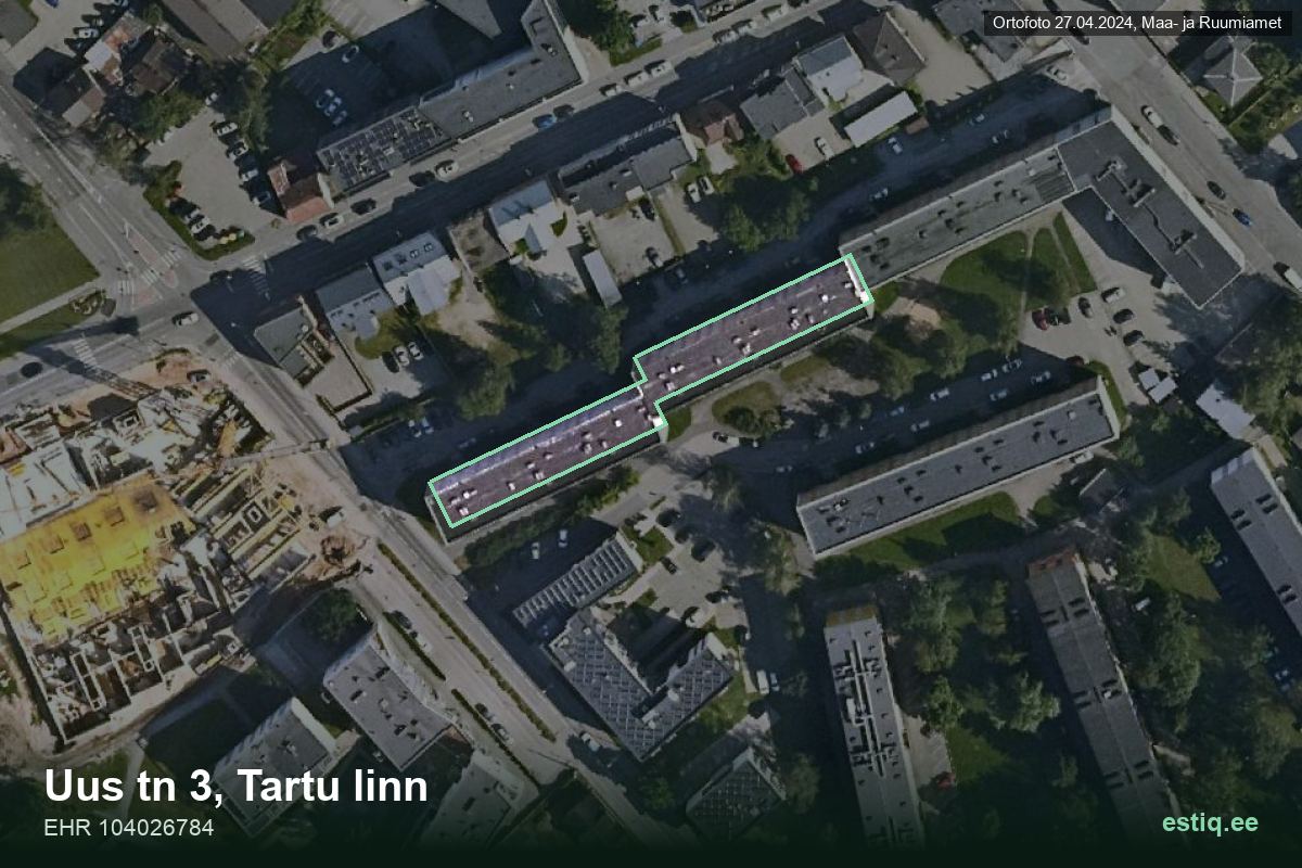 Uus tänav 3, Tartu – hoone aerofoto, kontuur ehitisregistri (EHR) andmetest