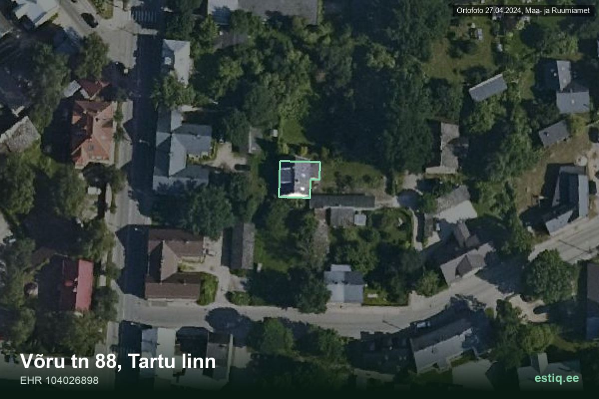 Võru 88, Tartu – аэрофото дома, контур по данным регистра строений (EHR)