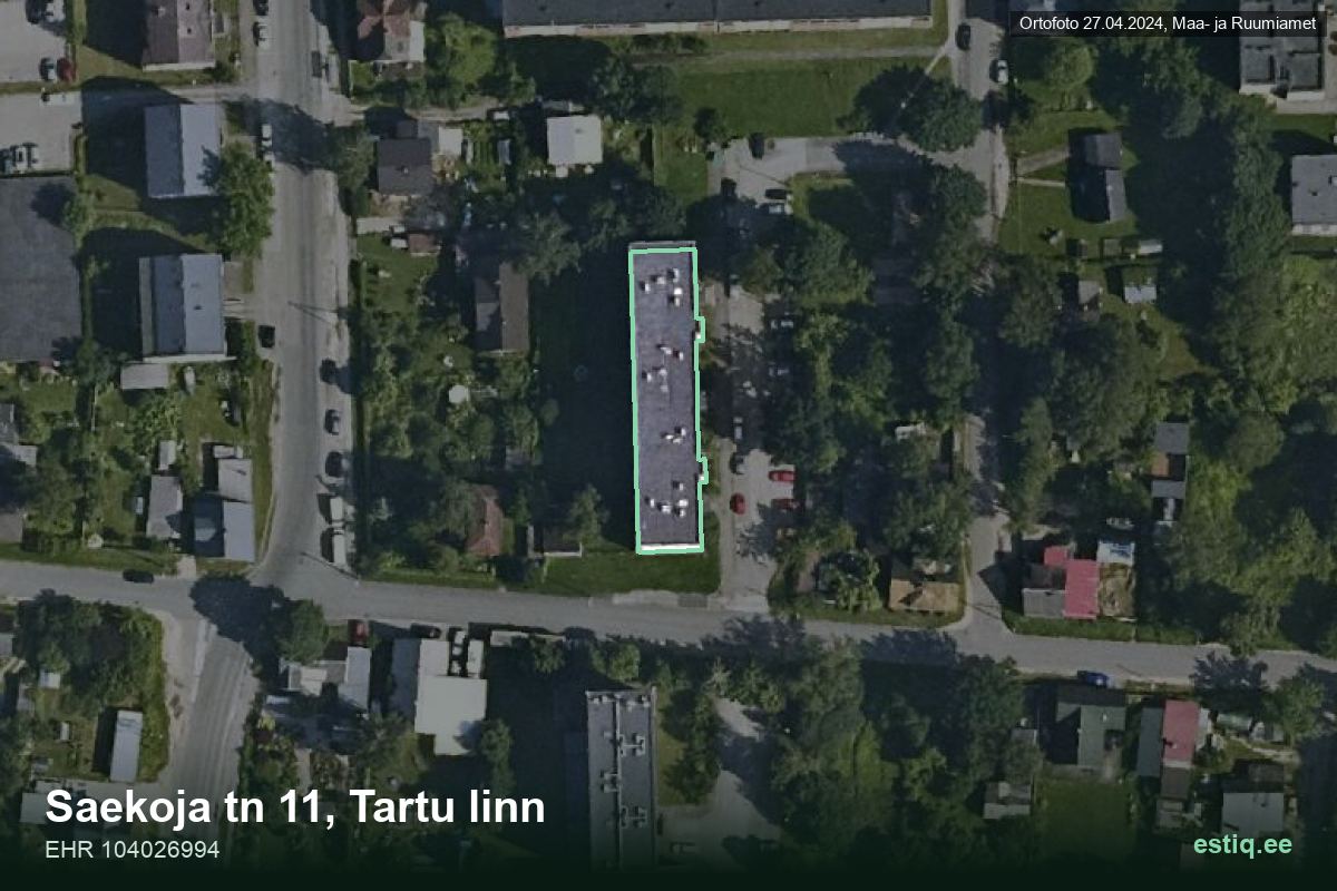 Saekoja tänav 11, Tartu – hoone aerofoto, kontuur ehitisregistri (EHR) andmetest