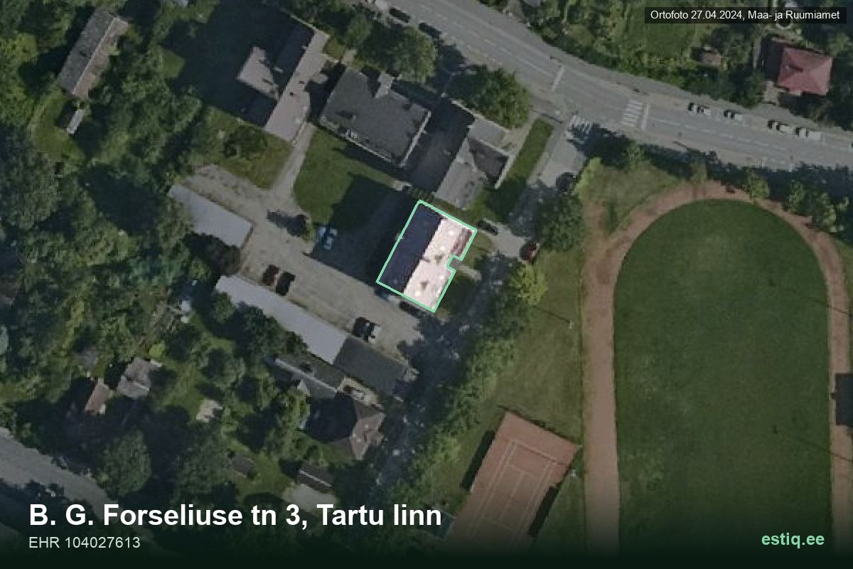 B. G. Forseliuse tänav 3, Tartu – аэрофото дома, контур по данным регистра строений (EHR)