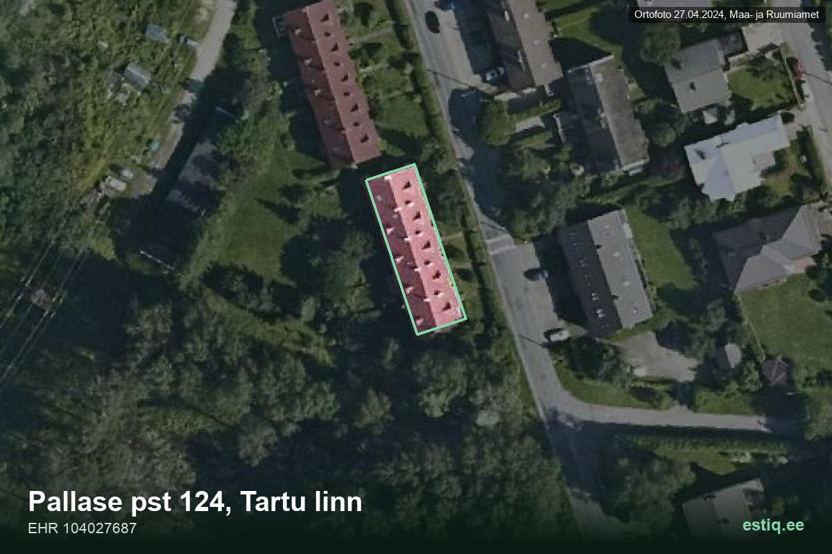 Pallase pst 124, Tartu – аэрофото дома, контур по данным регистра строений (EHR)