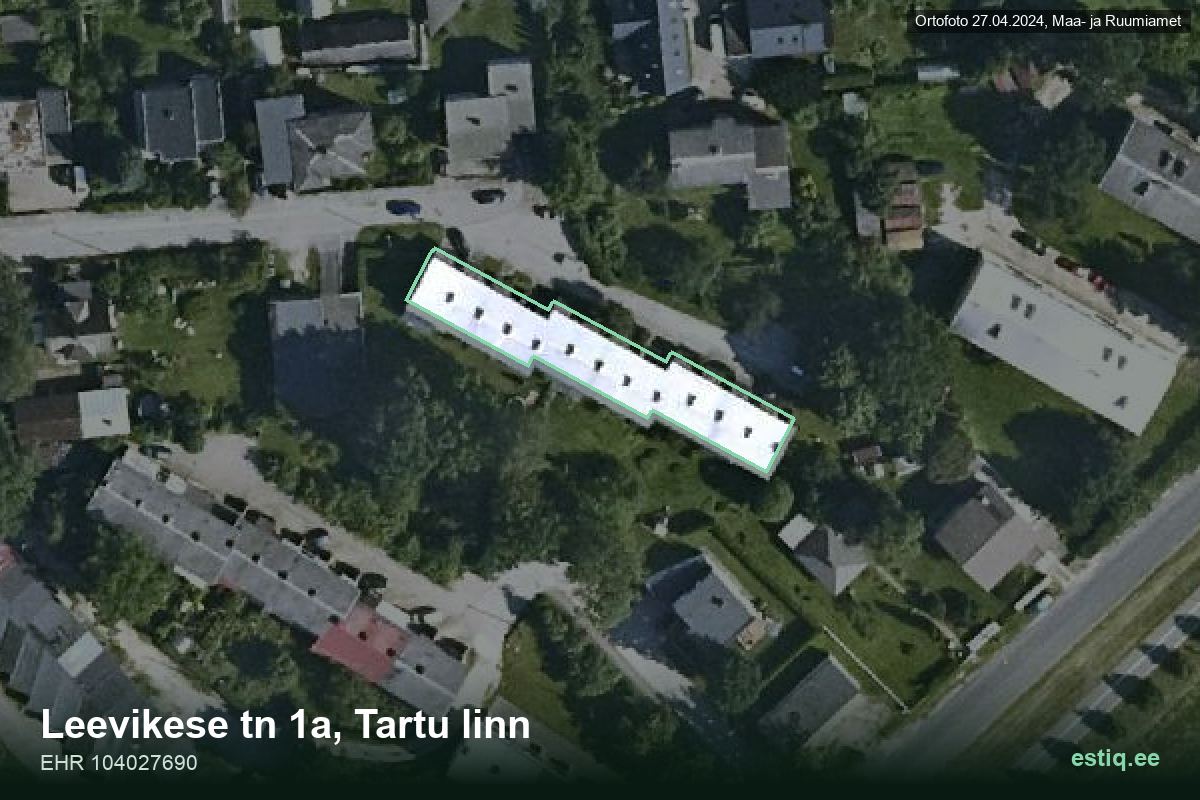 Leevikese tänav 1a, Tartu – hoone aerofoto, kontuur ehitisregistri (EHR) andmetest