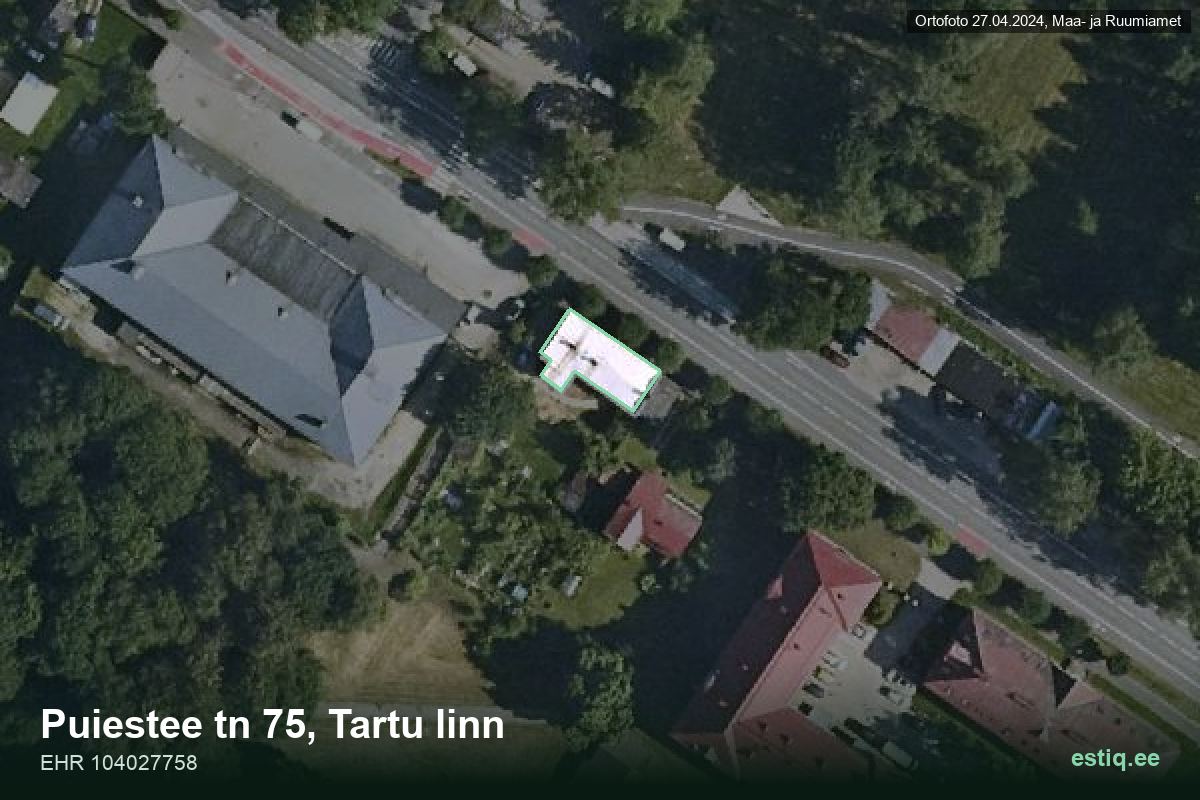 Puiestee tänav 75, Tartu – аэрофото дома, контур по данным регистра строений (EHR)
