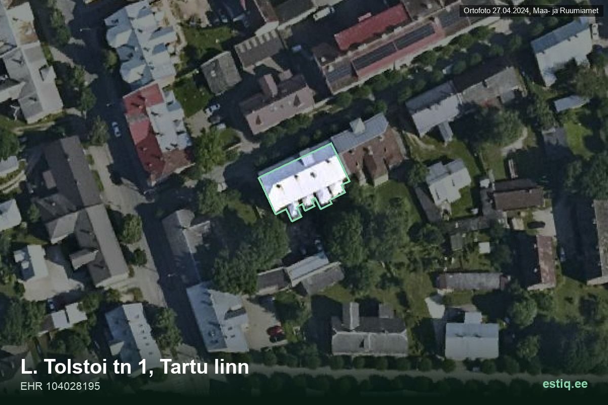 L. Tolstoi tänav 1, Tartu – hoone aerofoto, kontuur ehitisregistri (EHR) andmetest