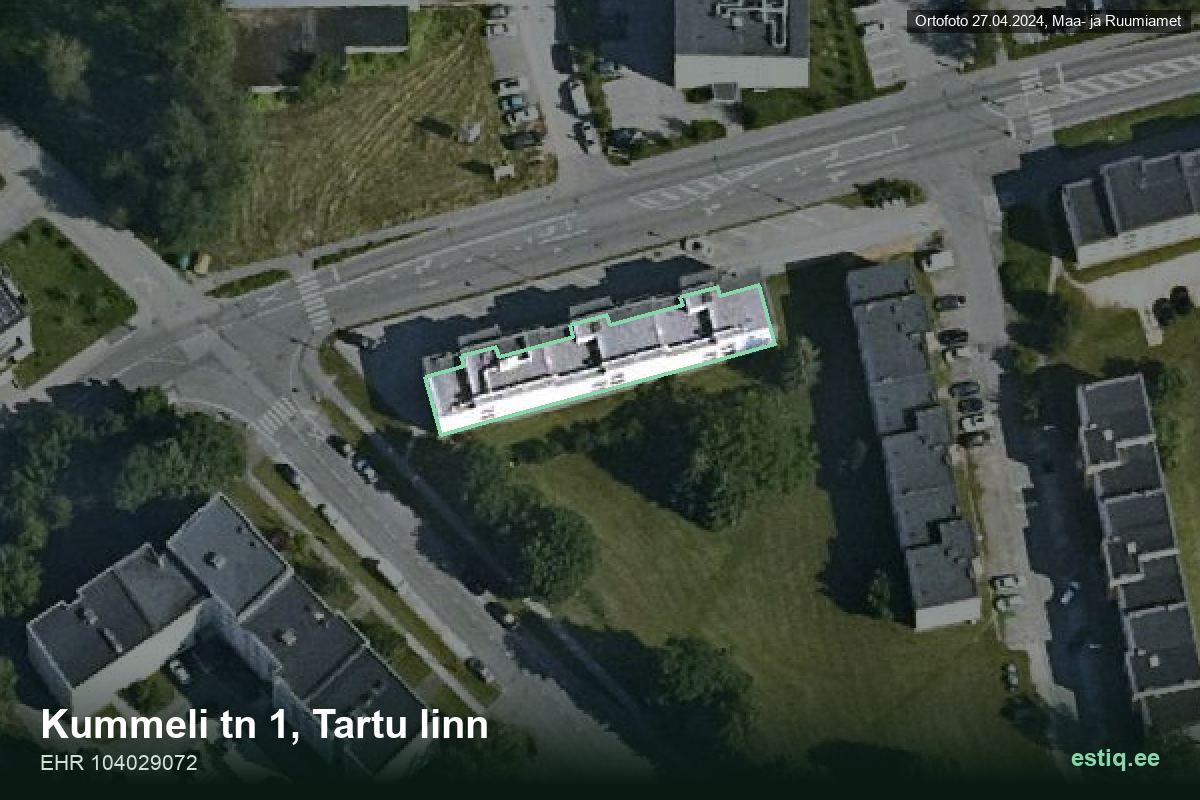 Kummeli tänav 1, Tartu – аэрофото дома, контур по данным регистра строений (EHR)