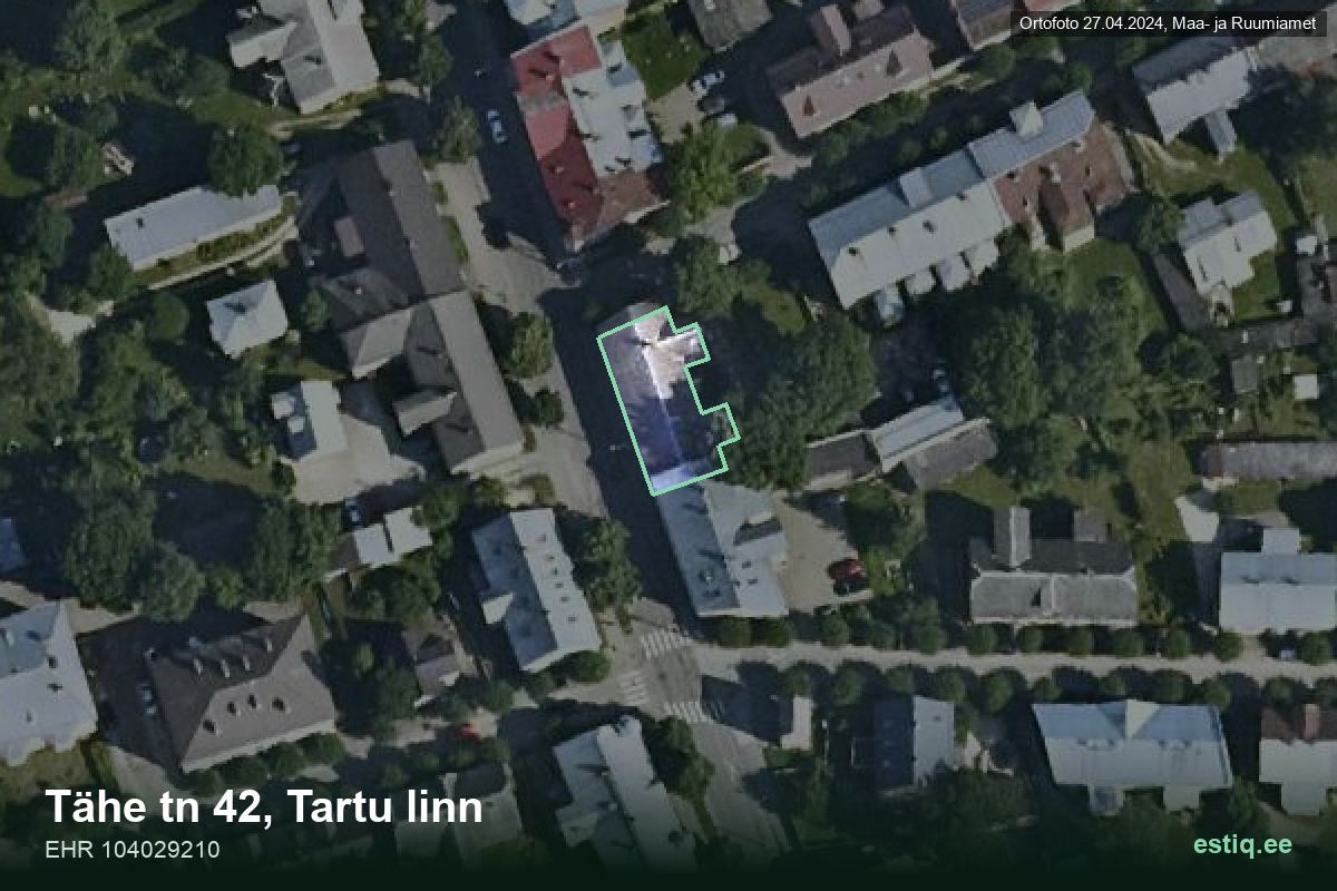 Tähe tänav 42, Tartu – hoone aerofoto, kontuur ehitisregistri (EHR) andmetest