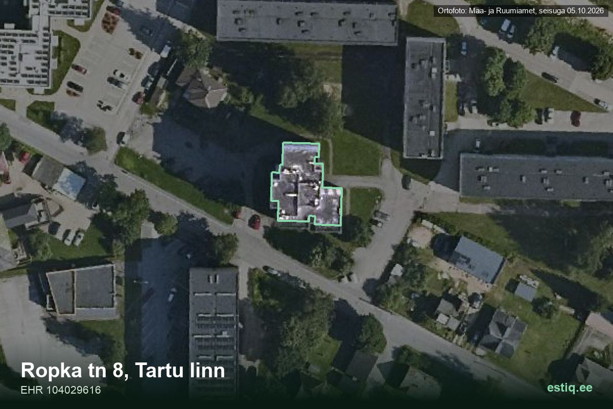 Ropka tänav 8, Tartu – ilmakuva rakennuksesta, ääriviiva rakennusrekisteristä (EHR)