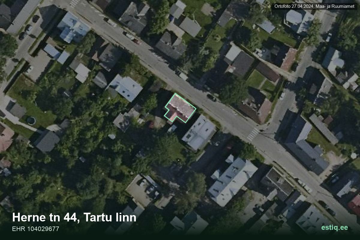 Herne tänav 44, Tartu – аэрофото дома, контур по данным регистра строений (EHR)