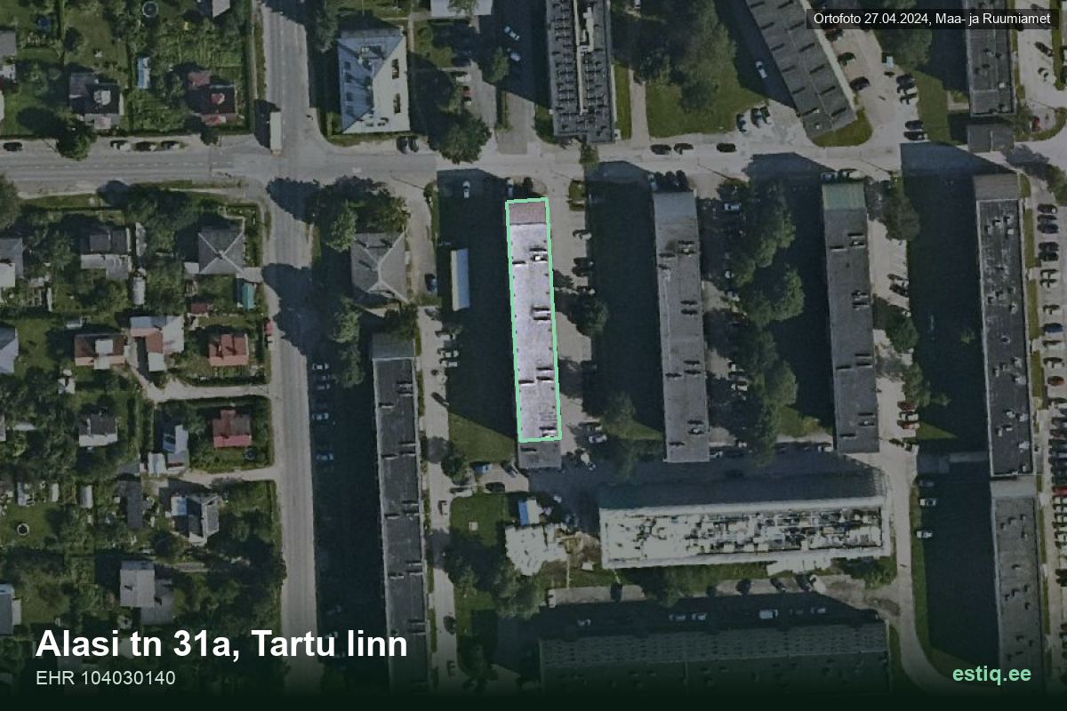 Alasi tänav 31a, Tartu – hoone aerofoto, kontuur ehitisregistri (EHR) andmetest