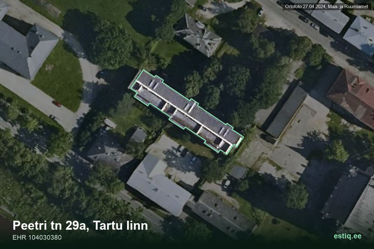 Peetri tänav 29a, Tartu – аэрофото дома, контур по данным регистра строений (EHR)
