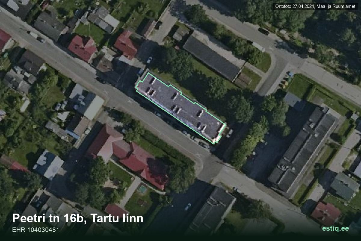 Peetri tänav 16b, Tartu – hoone aerofoto, kontuur ehitisregistri (EHR) andmetest