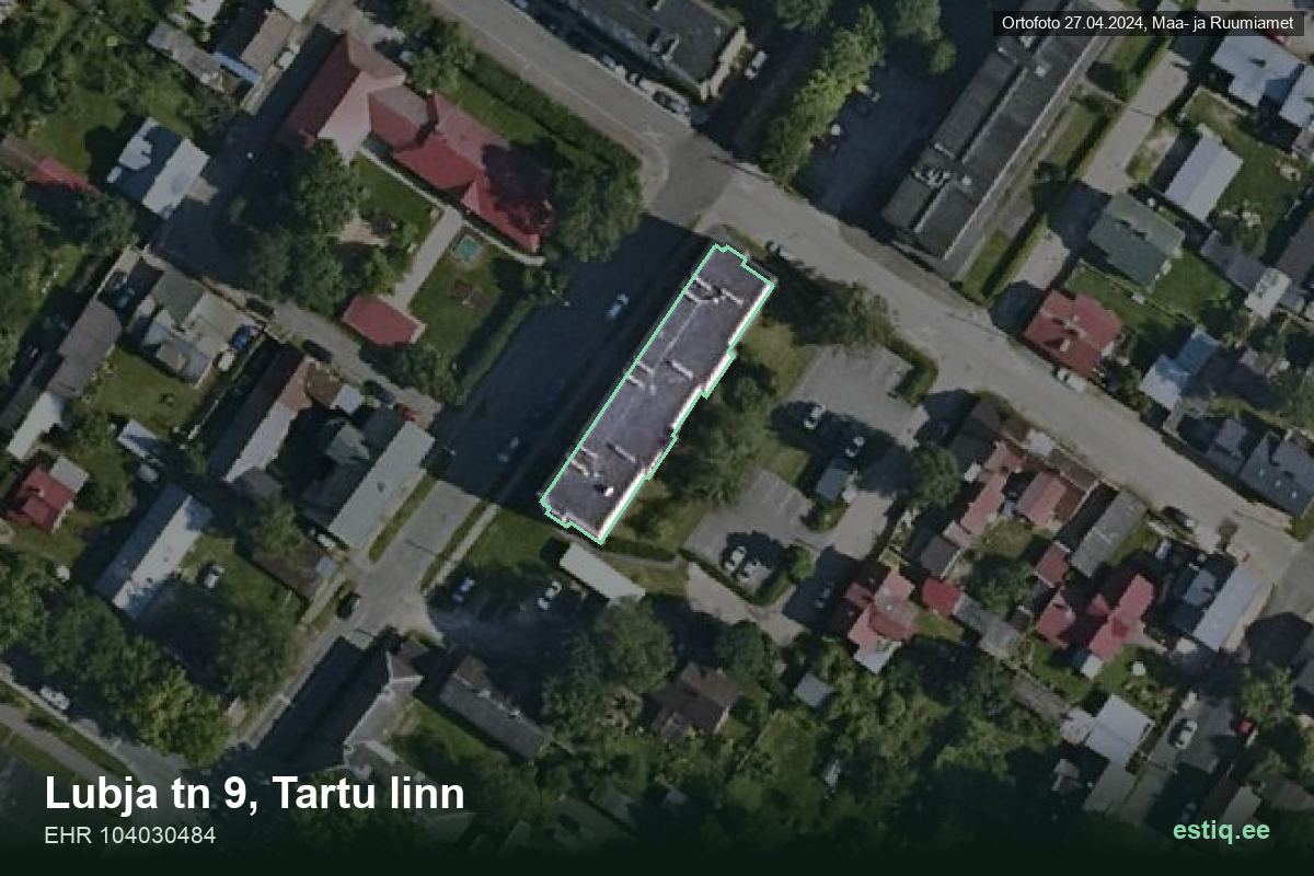Lubja tänav 9, Tartu – hoone aerofoto, kontuur ehitisregistri (EHR) andmetest