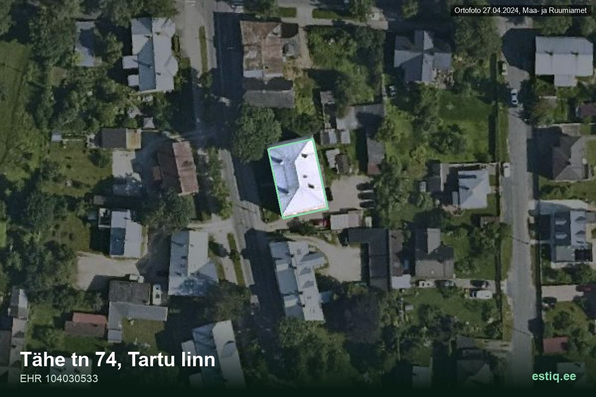 Tähe tänav 74, Tartu – hoone aerofoto, kontuur ehitisregistri (EHR) andmetest
