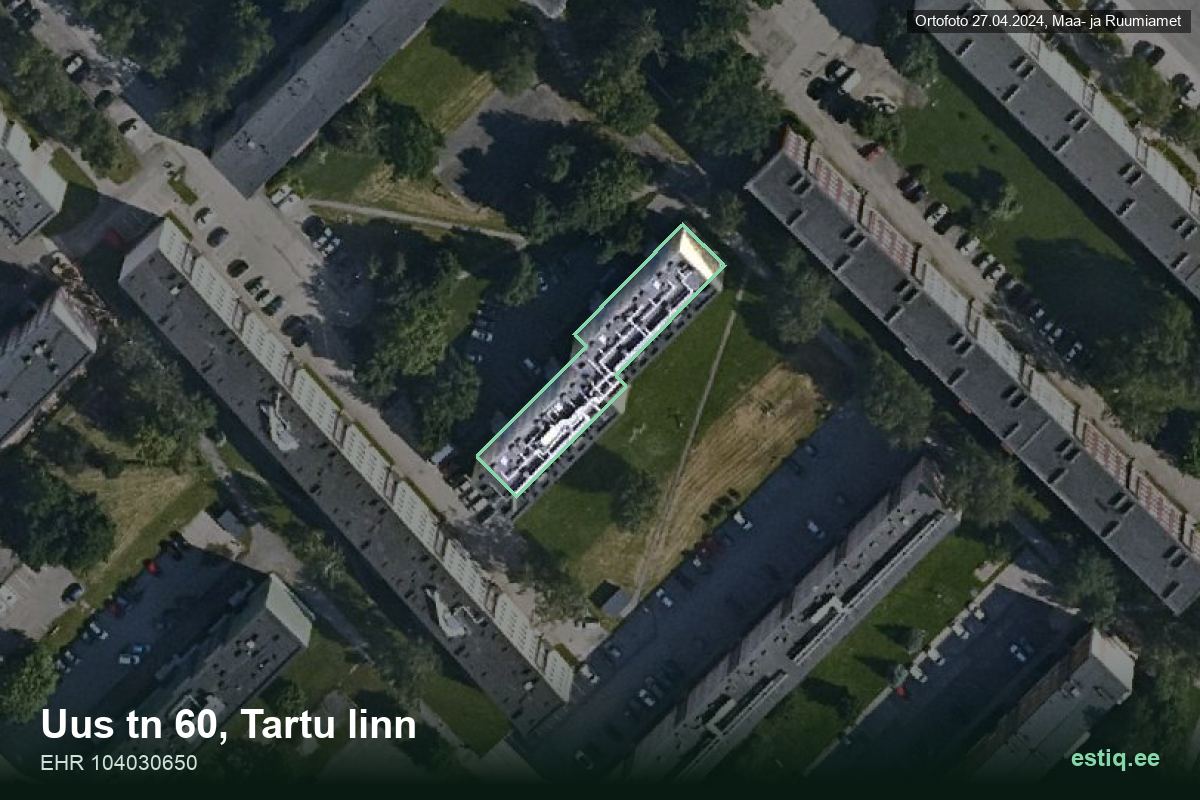 Uus tänav 60, Tartu – ilmakuva rakennuksesta, ääriviiva rakennusrekisteristä (EHR)