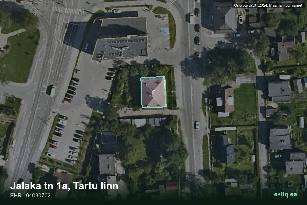 Jalaka tänav 1a, Tartu – аэрофото дома, контур по данным регистра строений (EHR)
