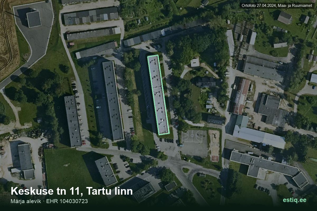 Keskuse tänav 11, Tartu – hoone aerofoto, kontuur ehitisregistri (EHR) andmetest