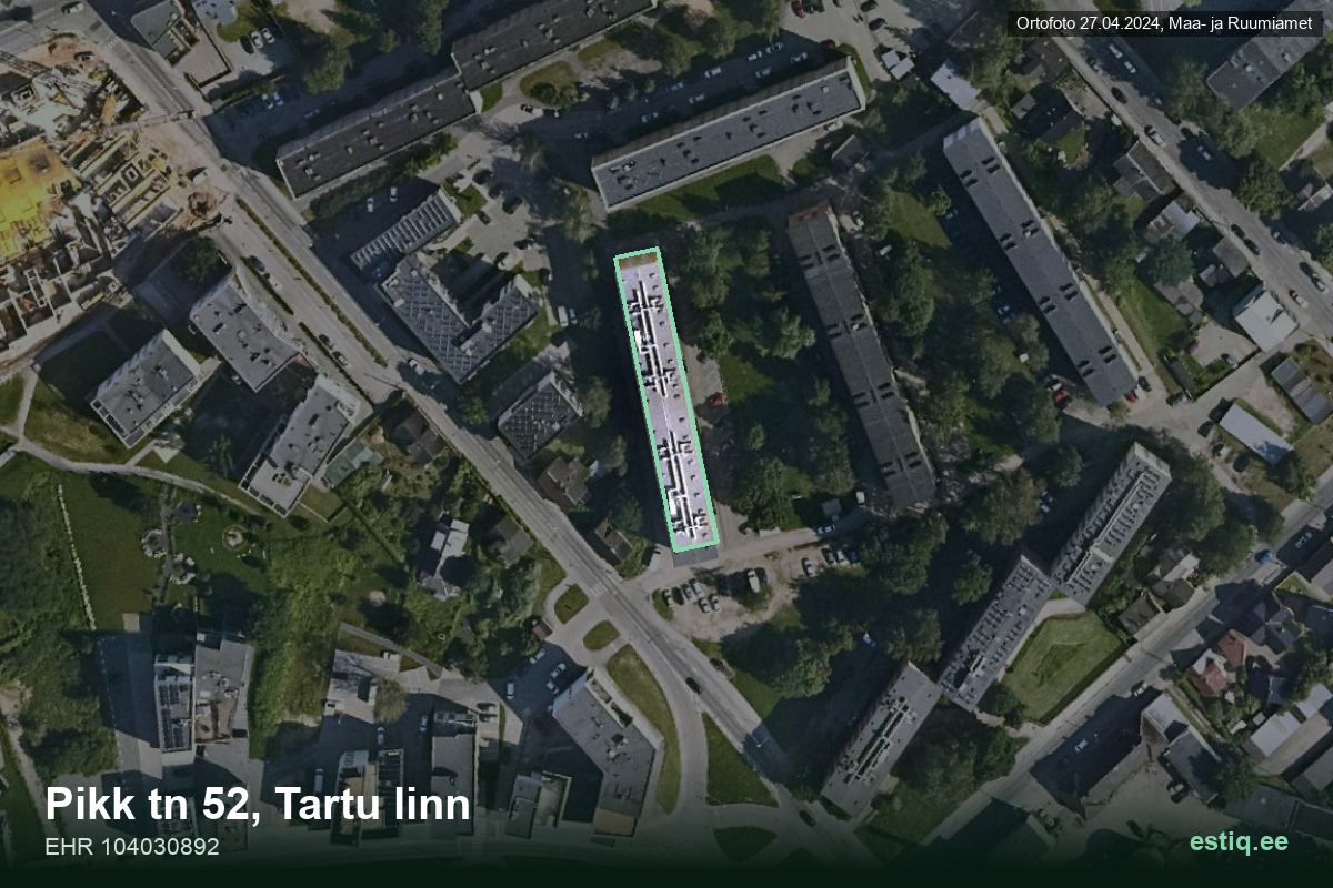 Pikk tänav 52, Tartu – ilmakuva rakennuksesta, ääriviiva rakennusrekisteristä (EHR)