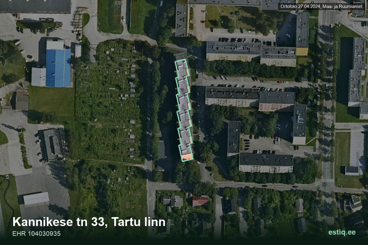 Kannikese tänav 33, Tartu – ilmakuva rakennuksesta, ääriviiva rakennusrekisteristä (EHR)