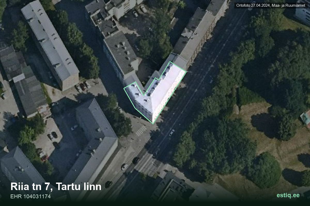 Riia tänav 7, Tartu – hoone aerofoto, kontuur ehitisregistri (EHR) andmetest