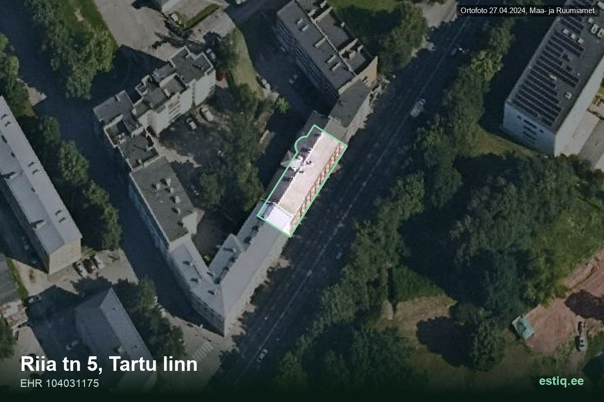 Riia tänav 5, Tartu – hoone aerofoto, kontuur ehitisregistri (EHR) andmetest