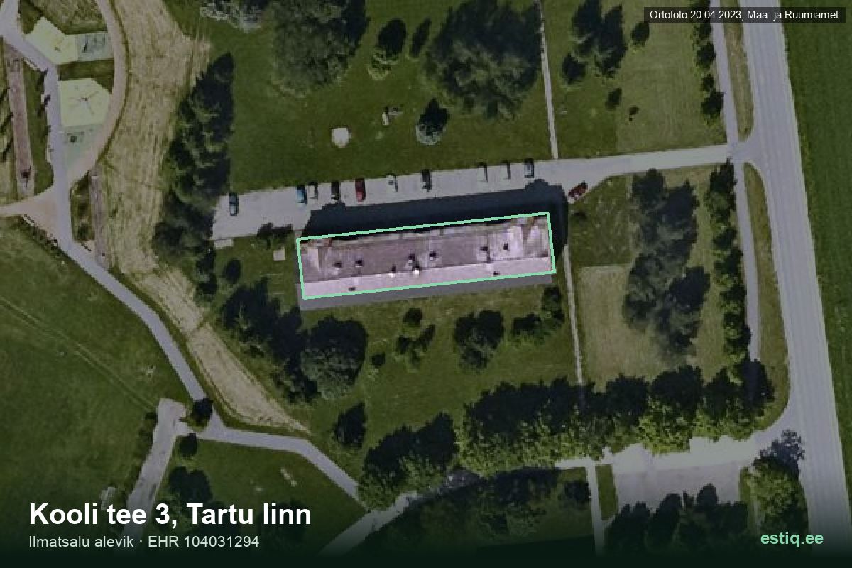 Kooli tee 3, Tartu – аэрофото дома, контур по данным регистра строений (EHR)
