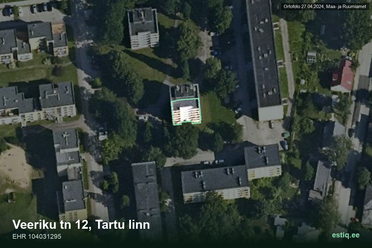 Veeriku tänav 12, Tartu – hoone aerofoto, kontuur ehitisregistri (EHR) andmetest