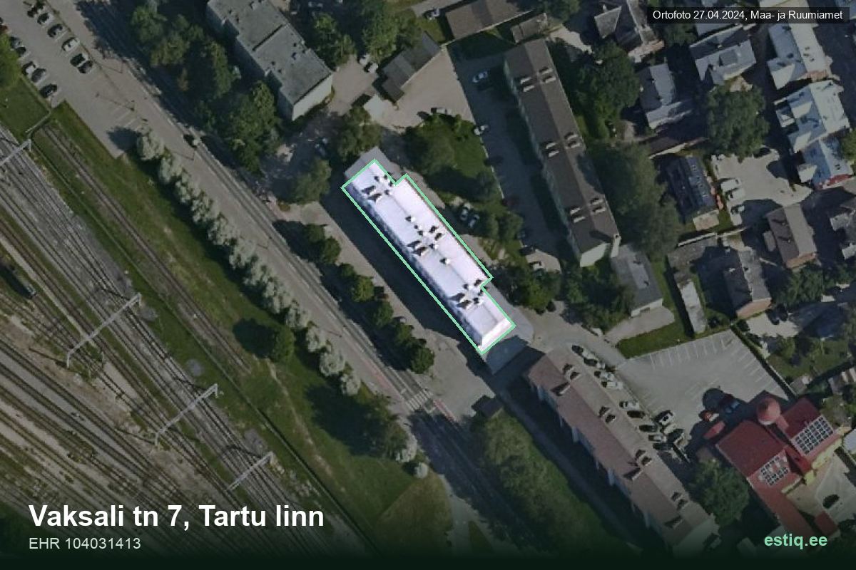 Vaksali tänav 7, Tartu – hoone aerofoto, kontuur ehitisregistri (EHR) andmetest