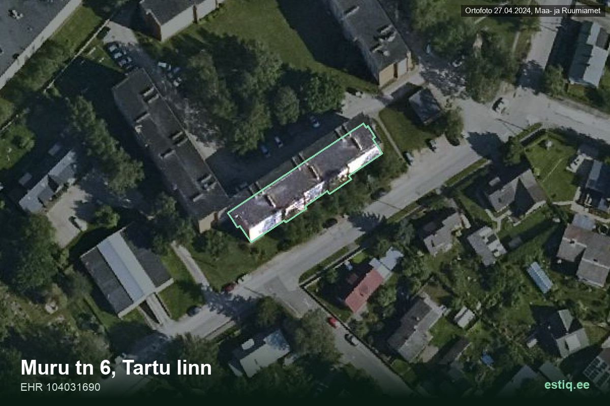 Muru tänav 6, Tartu – hoone aerofoto, kontuur ehitisregistri (EHR) andmetest