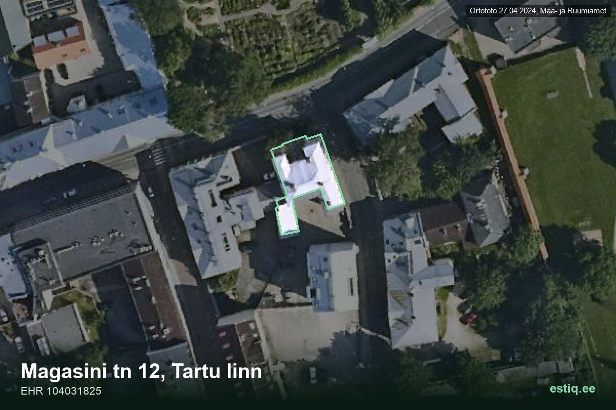 Magasini tänav 12, Tartu – hoone aerofoto, kontuur ehitisregistri (EHR) andmetest