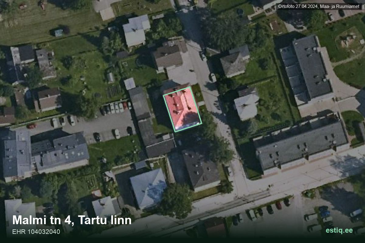 Malmi tänav 4, Tartu – hoone aerofoto, kontuur ehitisregistri (EHR) andmetest