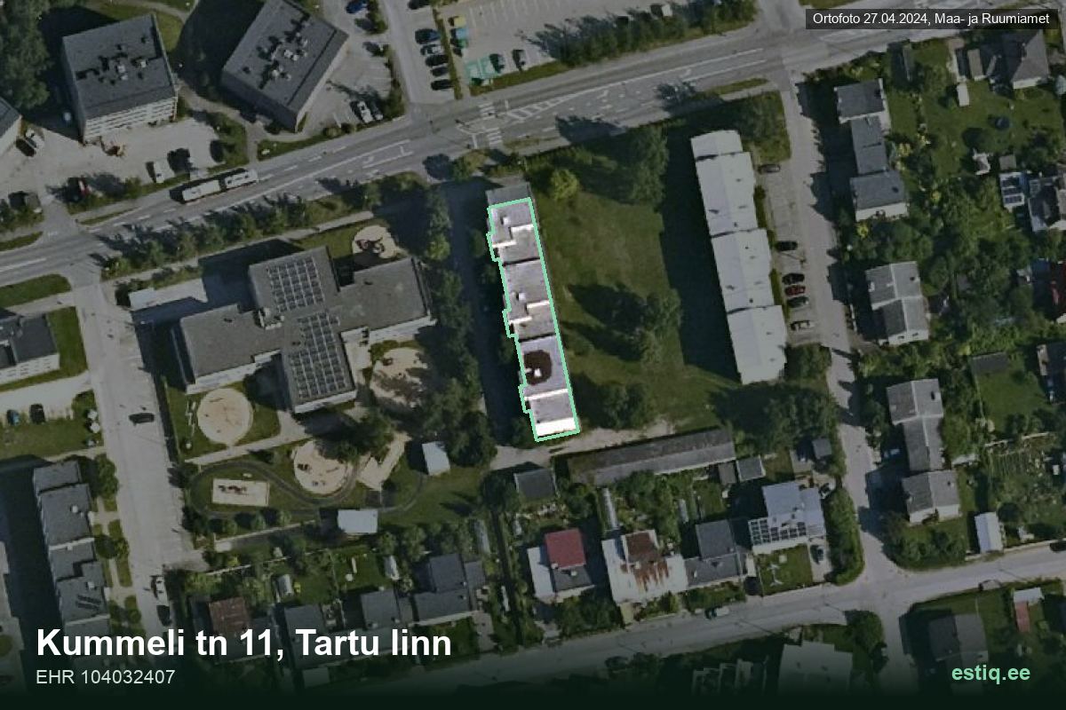 Kummeli tänav 11, Tartu – hoone aerofoto, kontuur ehitisregistri (EHR) andmetest