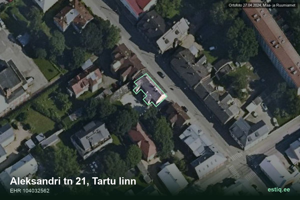 Aleksandri tänav 21, Tartu – hoone aerofoto, kontuur ehitisregistri (EHR) andmetest