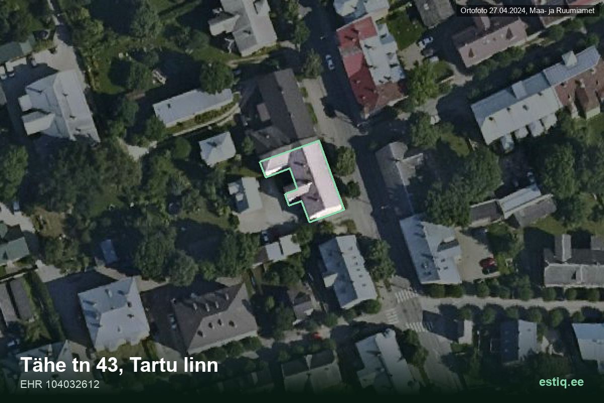 Tähe tänav 43, Tartu – hoone aerofoto, kontuur ehitisregistri (EHR) andmetest
