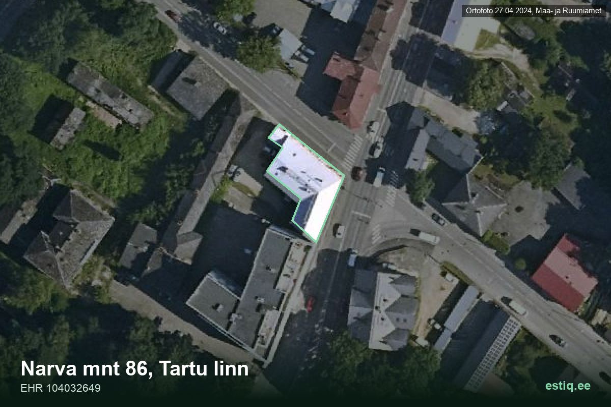 Narva mnt 86, Tartu – аэрофото дома, контур по данным регистра строений (EHR)