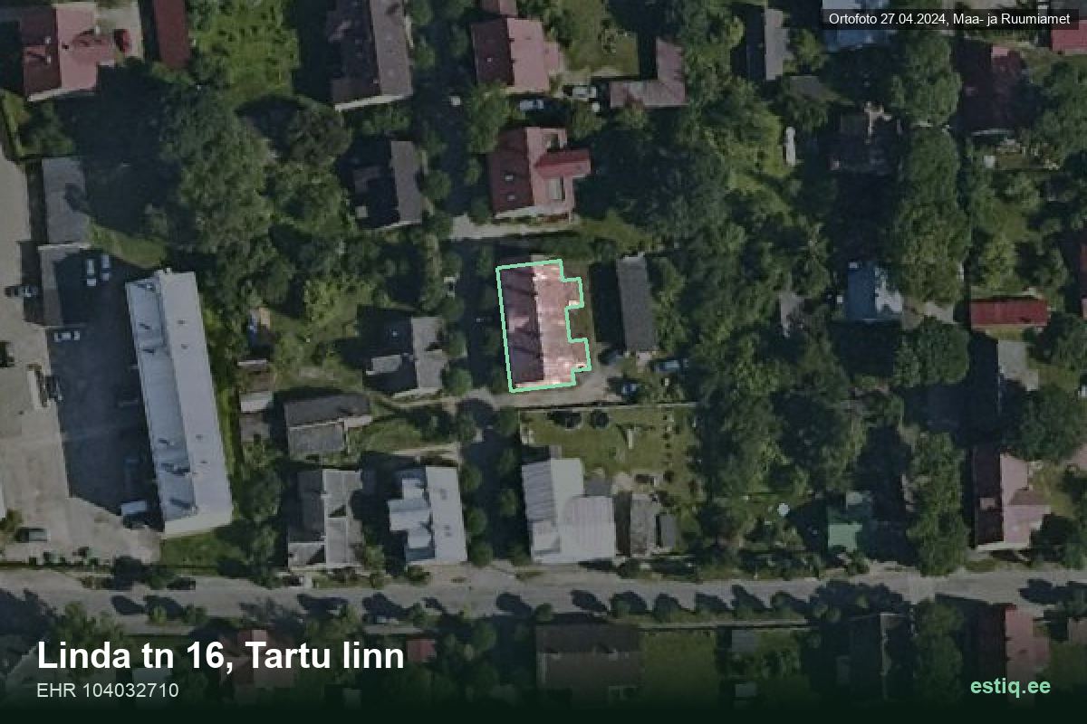 Linda tänav 16, Tartu – ilmakuva rakennuksesta, ääriviiva rakennusrekisteristä (EHR)