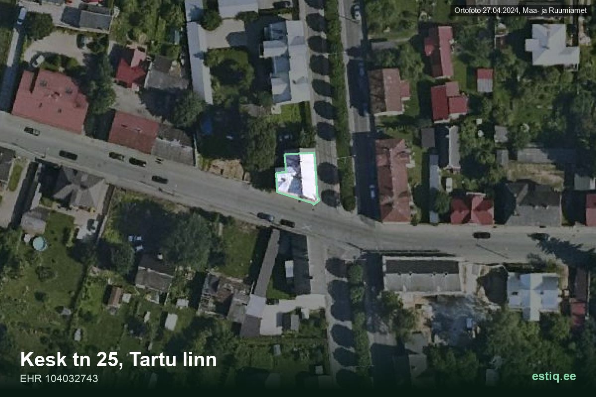 Kesk tänav 25, Tartu – hoone aerofoto, kontuur ehitisregistri (EHR) andmetest