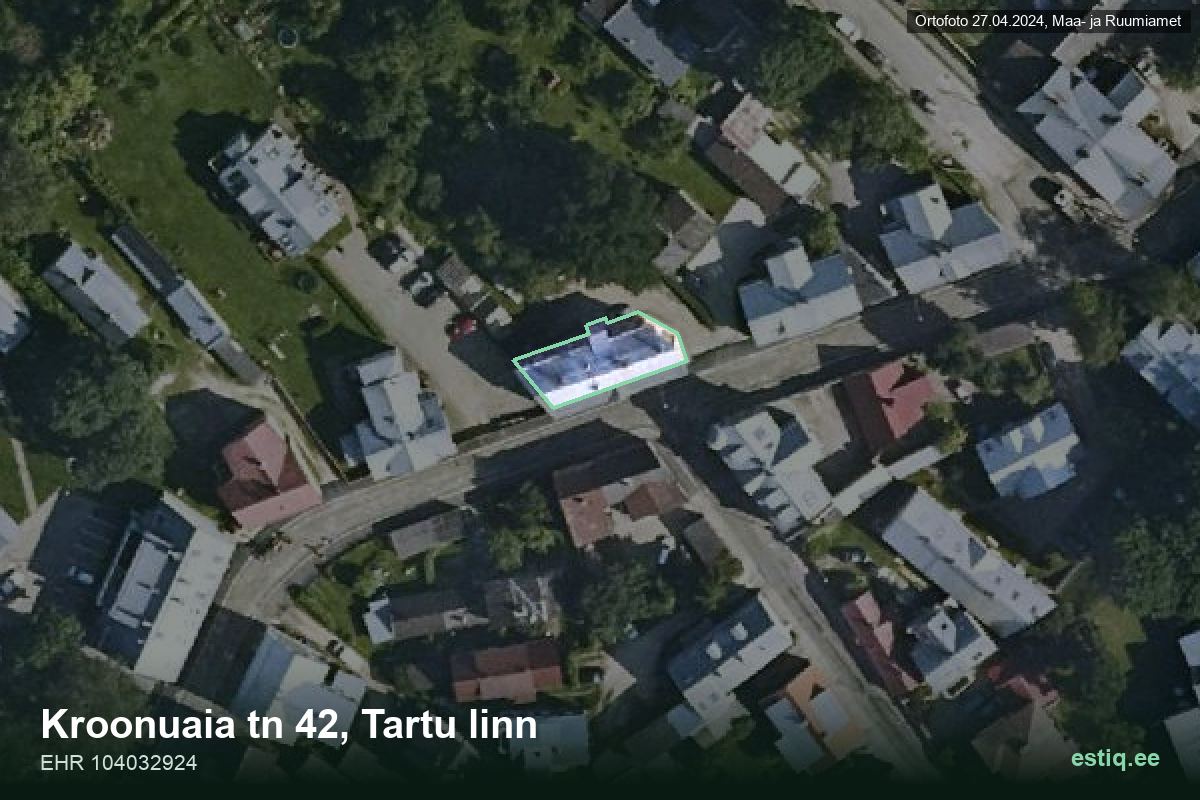 Kroonuaia tänav 42, Tartu – hoone aerofoto, kontuur ehitisregistri (EHR) andmetest