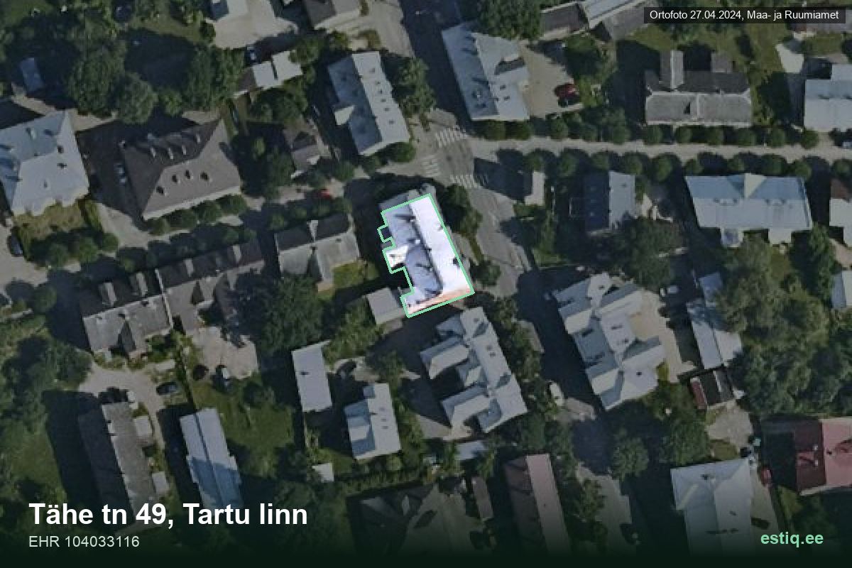 Tähe tänav 49, Tartu – hoone aerofoto, kontuur ehitisregistri (EHR) andmetest