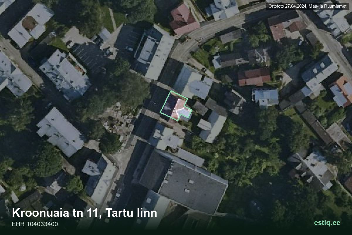 Kroonuaia tänav 11, Tartu – hoone aerofoto, kontuur ehitisregistri (EHR) andmetest